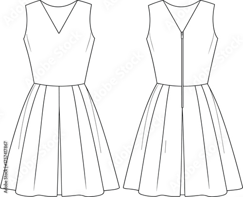 Sleeveless pleated dress sketch, front and back view, fashion flat illustration, vector template, garment design, apparel drawing, V-neck silhouette