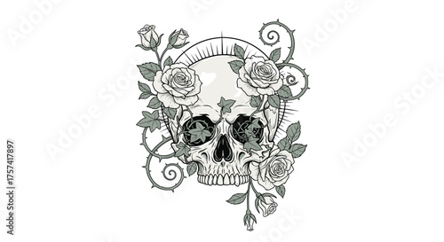 A detailed illustration of a human skull adorned with roses and thorny vines.