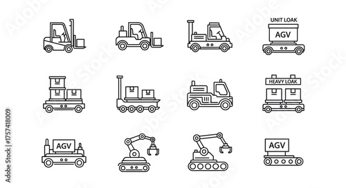 Collection of industrial vehicle icons representing logistics and transportation services for warehousing vector