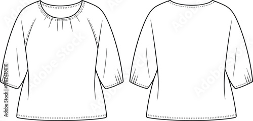 Women’s blouse sketch, front and back view, fashion flat illustration, vector template, garment design, apparel drawing, raglan sleeve construction