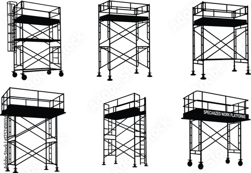 Industrial scaffolding platforms, metal work platforms, construction safety structure, adjustable height scaffolds, engineering support system illustration