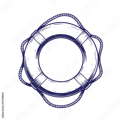 Hand drawn nautical life preserver with rope illustration on white background for safety and design