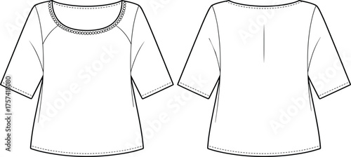 Women’s top sketch, front and back view, fashion flat illustration, vector template, garment design, apparel drawing, raglan sleeve construction