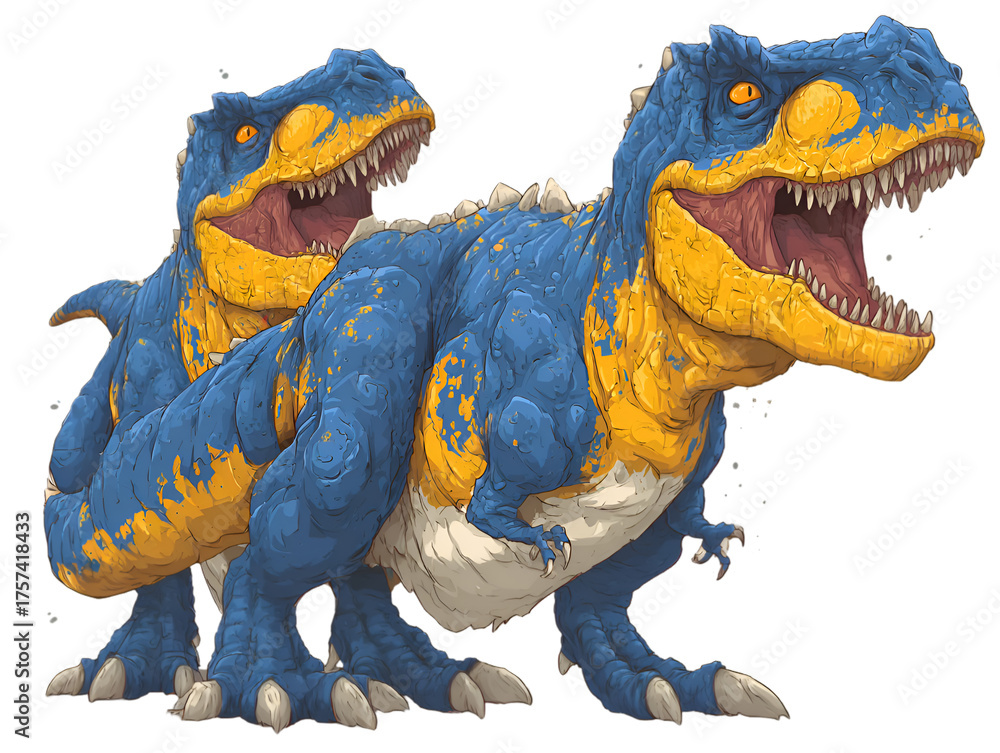 Obraz premium Two whical blue and yellow Tyrannosaurus Rex dinosaurs stand side by side against a white background showcasing vibrant cartoon artistry.