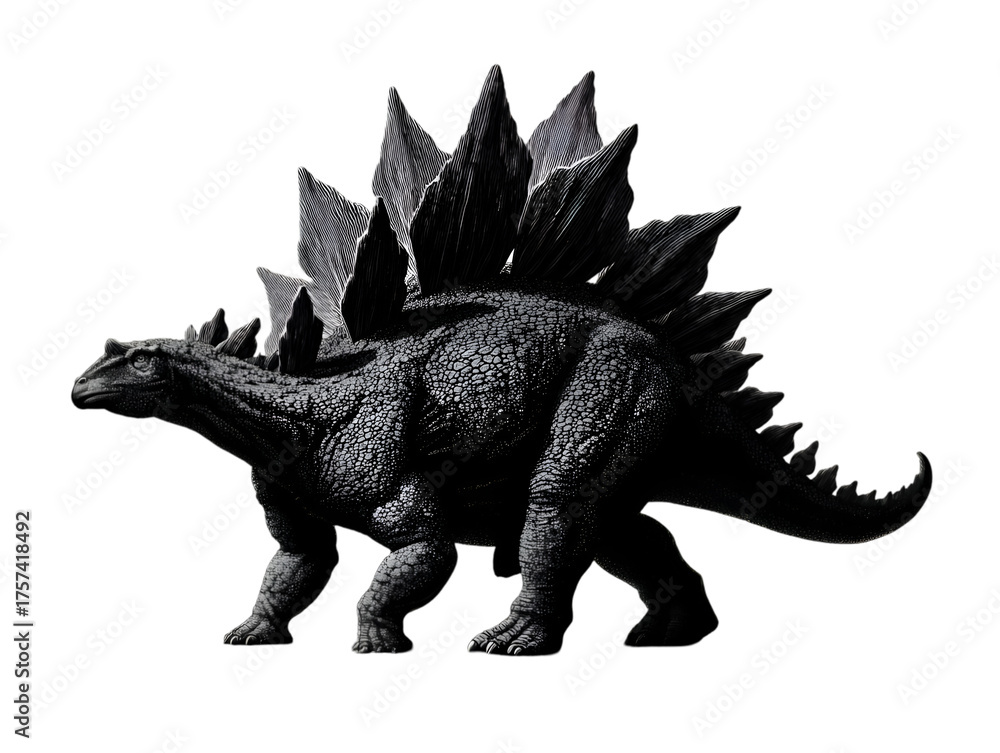 Fototapeta premium Dramatic monochromatic illustration presents a detailed stegosaurus dinosaur with prominent plates and a spiked tail on a plain white background.