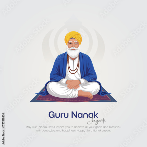 Happy Guru Nanak Jayanti Post and Greeting Card. Celebrating Birthday of Guru Nanak Dev Ji Banner Vector Illustration