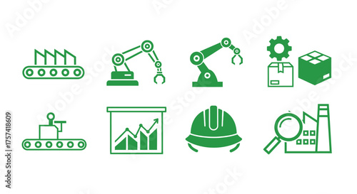 Industrial automation icons set featuring robotics conveyors manufacturing factory safety and analytics data vector