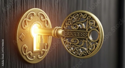 A golden key with the word 'SUCCESS' on it, held in a keyhole, with a warm, glowing light inside the keyhole.