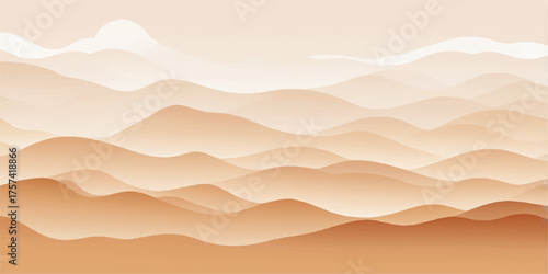 Abstract vector illustration of a desert landscape at sunset with sand dunes and mountains