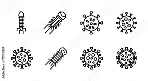 Collection of medical science icons featuring bacteriophage virus and coronavirus shapes for health and research concepts vector