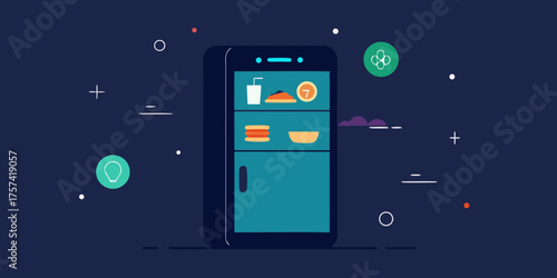 Flat Design Smart Fridge Interface With Glowing Food Icons