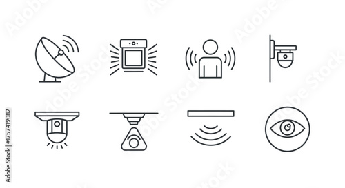 Set of security system icons representing motion sensors alarms surveillance and detection technology vector
