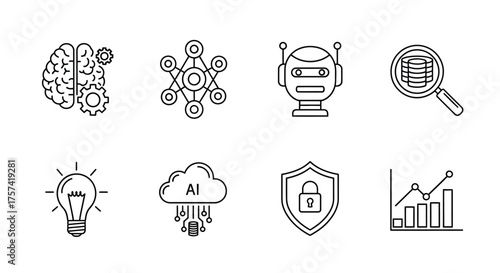 Set of ai and technology icons brain network robot lightbulb cloud security analytics vector