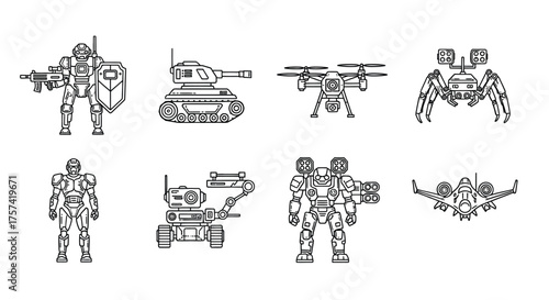 Collection of futuristic military robots tanks drones and scifi combat vehicles line art vector