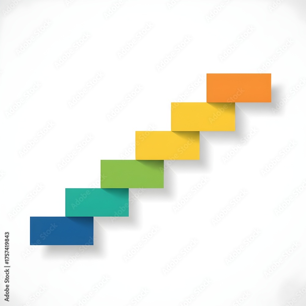 Fototapeta premium Escalera ascendente con 4 bloques de colores diferentes, estilo limpio y corporativo, fondo blanco