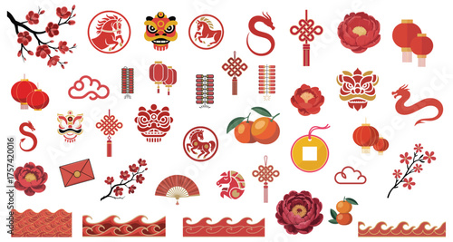 Chinese lunar new year vector illustration icon set of lanterns, knots, blossoms, dragon & lucky symbols