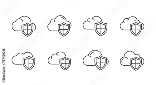 Collection of cloud computing security icons with shields representing data protection vector