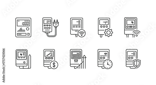 Collection of meter icons representing electricity smart energy usage with technical elements and financial symbols vector