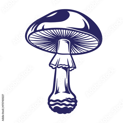 Illustrated vector artwork of a single stylized mushroom in dark blue on white background