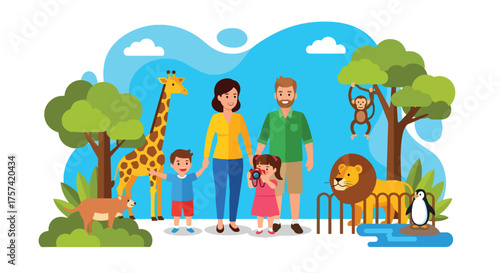 Adobe illustrator artwork vector illustration of a happy family enjoying a day at the zoo, with parents and children observing animals, emphasizing wildlife exploration and family fun