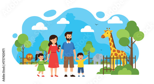 Adobe illustrator artwork vector illustration of a happy family enjoying a day at the zoo, with parents and children observing animals, emphasizing wildlife exploration and family fun