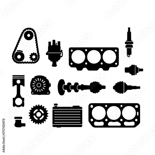 Car Engine Parts Silhouette Set, Isolated Black Auto Components Icons for Mechanical and Automotive Design