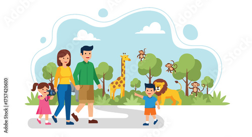 Adobe illustrator artwork vector illustration of a happy family enjoying a day at the zoo, with parents and children observing animals, emphasizing wildlife exploration and family fun