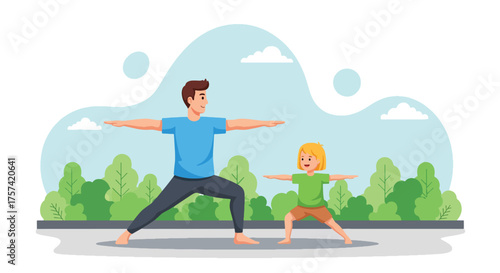 Adobe illustrator artwork vector illustration of a father and daughter doing yoga together in warrior pose outdoors, symbolizing family wellness, healthy habits, and joyful bonding
