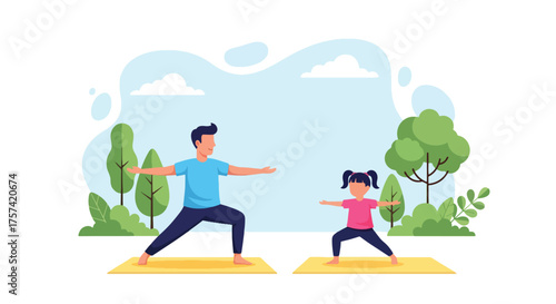 Adobe illustrator artwork vector illustration of a father and daughter doing yoga together in warrior pose outdoors, symbolizing family wellness, healthy habits, and joyful bonding