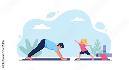 Adobe illustrator artwork vector illustration of a father and daughter doing yoga together in warrior pose outdoors, symbolizing family wellness, healthy habits, and joyful bonding