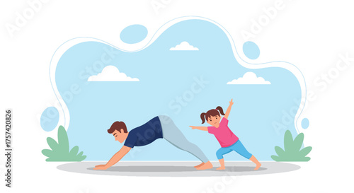 Adobe illustrator artwork vector illustration of a father and daughter doing yoga together in warrior pose outdoors, symbolizing family wellness, healthy habits, and joyful bonding