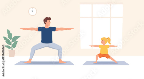 Adobe illustrator artwork vector illustration of a father and daughter doing yoga together in warrior pose outdoors, symbolizing family wellness, healthy habits, and joyful bonding