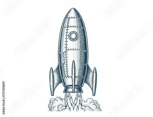 Vintage Rocket Launch Hand Drawn Spacecraft Flying with Smoke Detailed Retro Vector Illustration