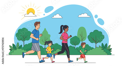 Adobe illustrator artwork vector illustration of a happy family, mother, father, and child, jogging outdoors in a park on a sunny day, symbolizing health, fitness, and family bonding