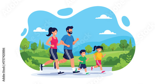 Adobe illustrator artwork vector illustration of a happy family, mother, father, and child, jogging outdoors in a park on a sunny day, symbolizing health, fitness, and family bonding