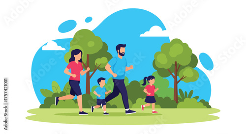 Adobe illustrator artwork vector illustration of a happy family, mother, father, and child, jogging outdoors in a park on a sunny day, symbolizing health, fitness, and family bonding