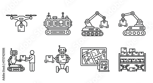 Industrial automation icons featuring drones robots and manufacturing equipment for logistics and technology vector