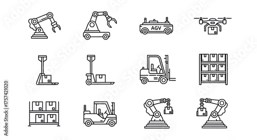 Industrial automation icons robot arm drone forklift warehouse shelving equipment set vector
