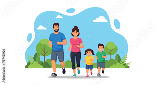 Adobe illustrator artwork vector illustration of a happy family, mother, father, and child, jogging outdoors in a park on a sunny day, symbolizing health, fitness, and family bonding