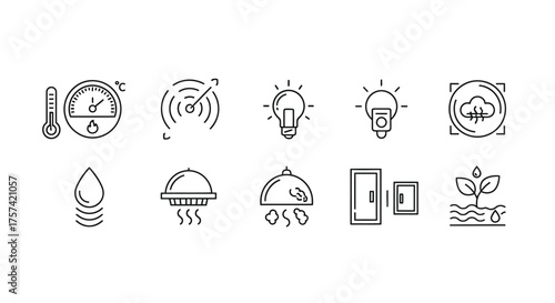 Collection of smart home technology icons representing climate control lighting security and agriculture vector