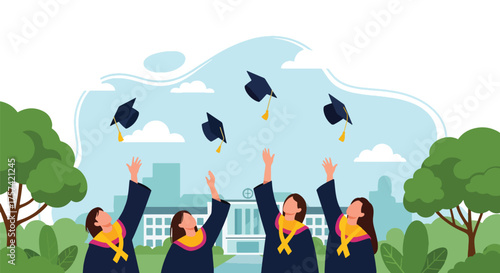 Adobe illustrator artwork vector illustration of a joyful group of diverse university graduates tossing their caps in front of the university building, celebrating their academic achievement