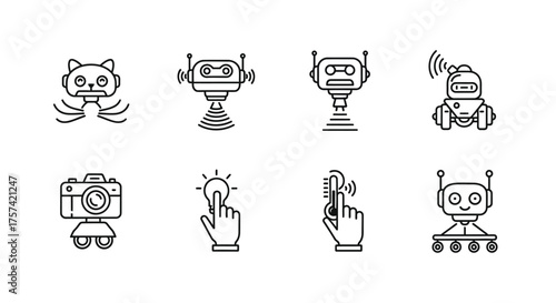 Set of stylized outline robot icons futuristic technology cute characters ai and robotics vector
