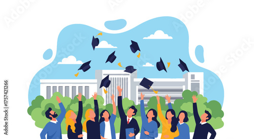 Adobe illustrator artwork vector illustration of a joyful group of diverse university graduates tossing their caps in front of the university building, celebrating their academic achievement