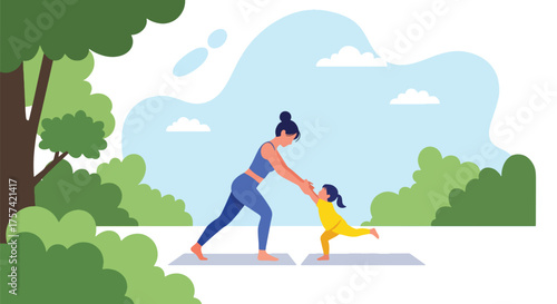 Adobe illustrator artwork vector illustration of a mother and daughter doing yoga together in a serene outdoor setting, emphasizing family wellness, healthy lifestyle, and mindful activity