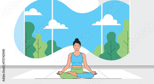 Adobe illustrator artwork vector illustration of a serene woman meditating in a lotus position with arms raised, surrounded by nature, symbolizing peace, wellness, and outdoor mindfulness