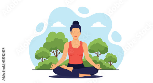 Adobe illustrator artwork vector illustration of a serene woman meditating in a lotus position with arms raised, surrounded by nature, symbolizing peace, wellness, and outdoor mindfulness