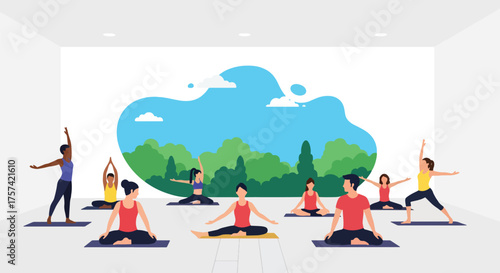 Adobe illustrator artwork vector illustration of a diverse group of people practicing various yoga poses in a spacious, light-filled studio, symbolizing health, mindfulness, and community fitness