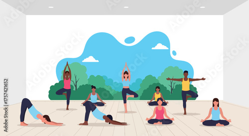 Adobe illustrator artwork vector illustration of a diverse group of people practicing various yoga poses in a spacious, light-filled studio, symbolizing health, mindfulness, and community fitness