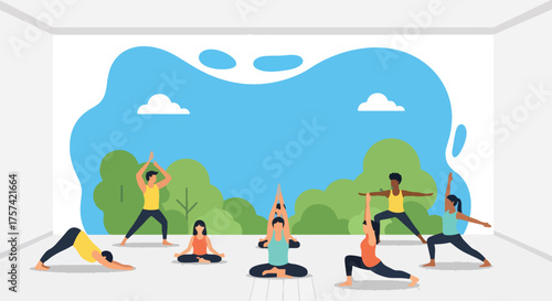 Adobe illustrator artwork vector illustration of a diverse group of people practicing various yoga poses in a spacious, light-filled studio, symbolizing health, mindfulness, and community fitness