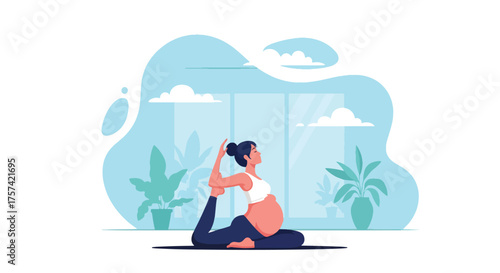 Adobe illustrator artwork vector illustration of a serene pregnant woman meditating in a lotus position, gently holding her belly, embodying peace, wellness, and prenatal mindfulness